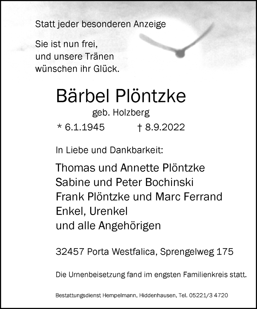  Traueranzeige für Bärbel Plöntzke vom 01.10.2022 aus Neue Westfälische
