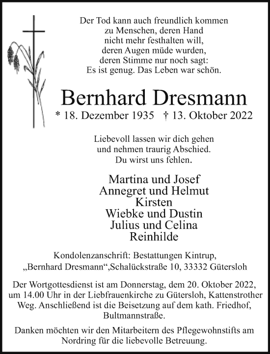 Traueranzeige von Bernhard Dresmann von Neue Westfälische