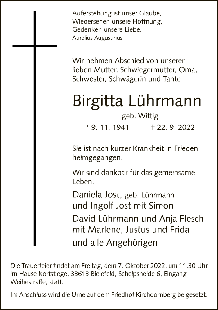  Traueranzeige für Birgitta Lührmann vom 01.10.2022 aus Neue Westfälische