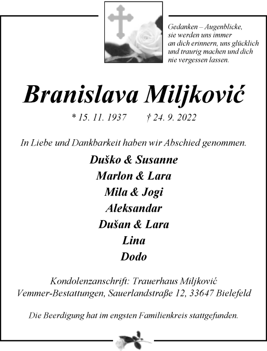 Traueranzeige von Branislava Miljkovic von Neue Westfälische