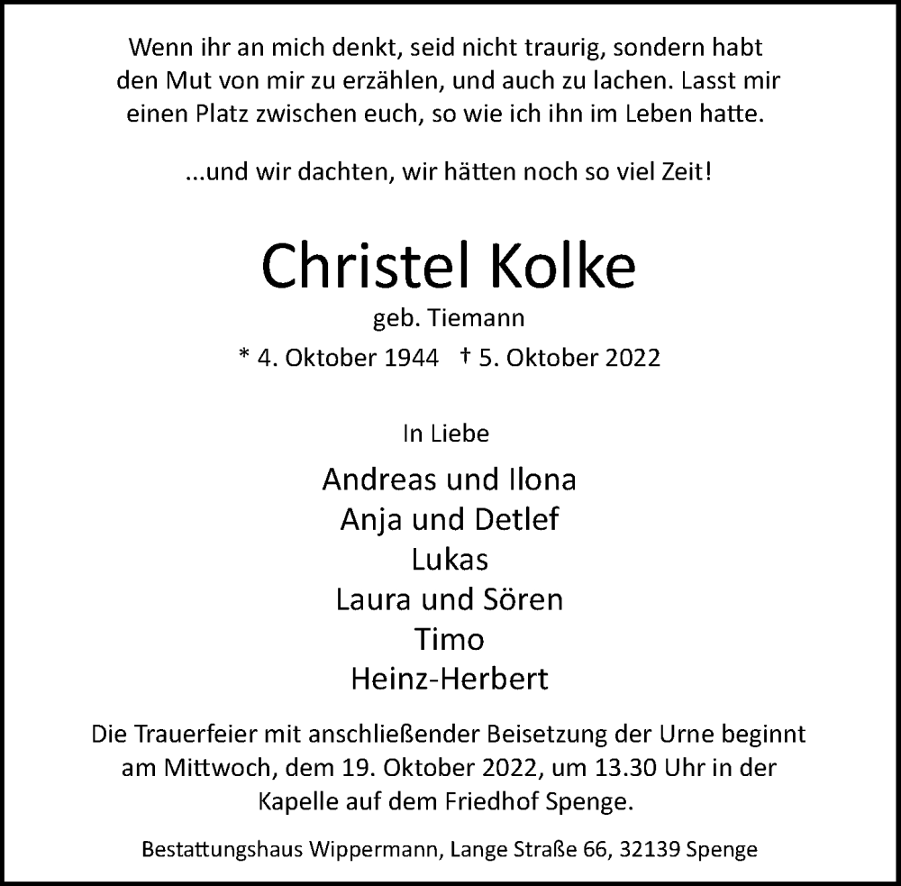  Traueranzeige für Christel Kolke vom 12.10.2022 aus Neue Westfälische