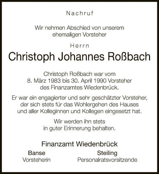 Traueranzeige von Christoph Johannes Roßbach von Neue Westfälische