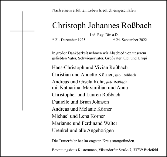 Traueranzeige von Christoph Johannes Roßbach von Neue Westfälische