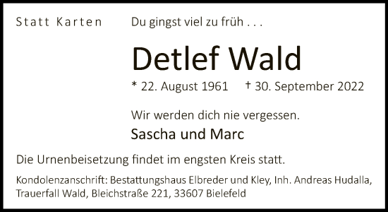 Traueranzeige von Detlef Wald von Neue Westfälische