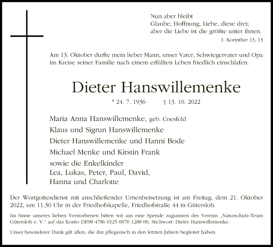 Traueranzeige von Dieter Hanswillemenke von Neue Westfälische