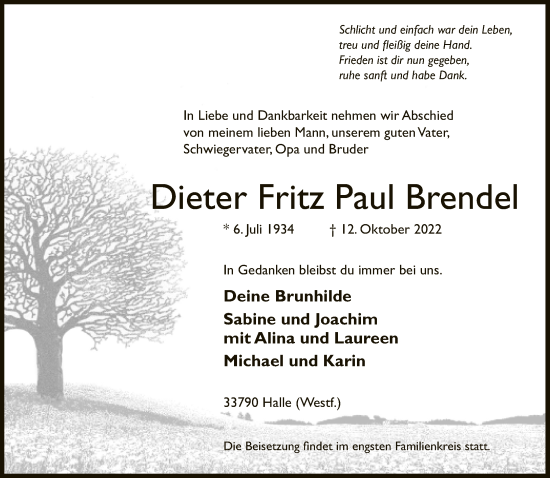 Traueranzeige von Dieter Fritz Paul Brendel von Neue Westfälische