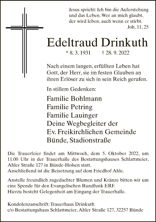 Traueranzeige von Edeltraud Drinkuth von Neue Westfälische