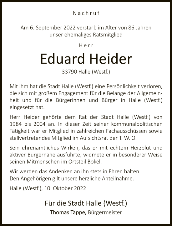 Traueranzeige von Eduard Heider von Neue Westfälische