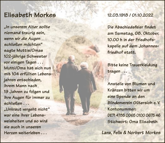 Traueranzeige von Elisabeth Morkes von Neue Westfälische