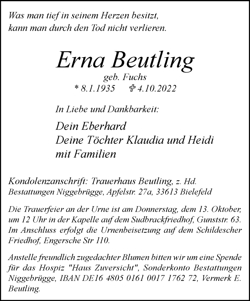  Traueranzeige für Erna Beutling vom 08.10.2022 aus Neue Westfälische