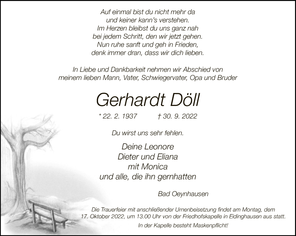  Traueranzeige für Gerhardt Döll vom 12.10.2022 aus Neue Westfälische