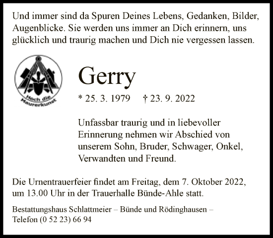 Traueranzeige von Gerry  von Neue Westfälische