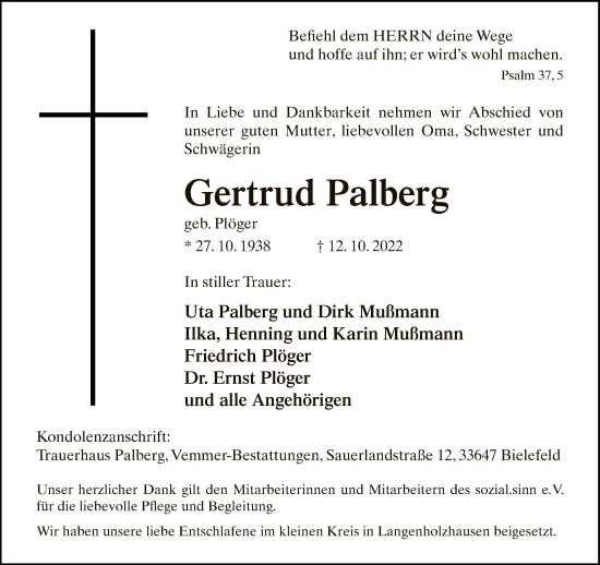 Traueranzeige von Gertrud Palberg von Neue Westfälische