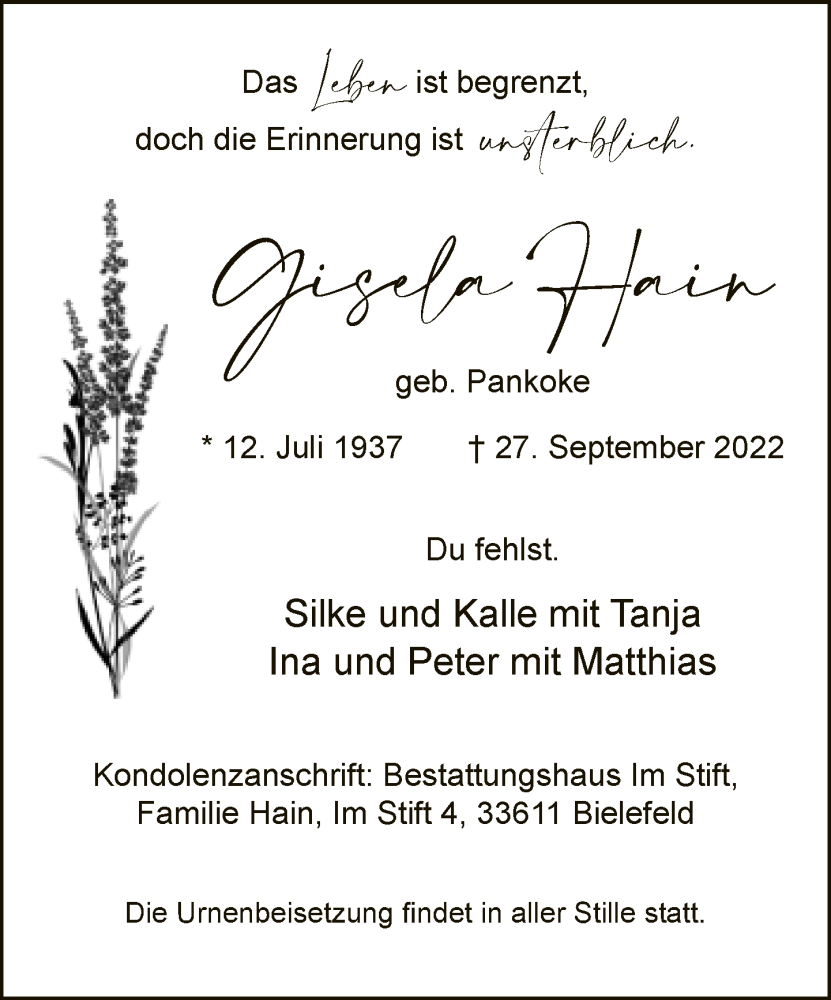 Traueranzeige für Gisela Hain vom 01.10.2022 aus Neue Westfälische