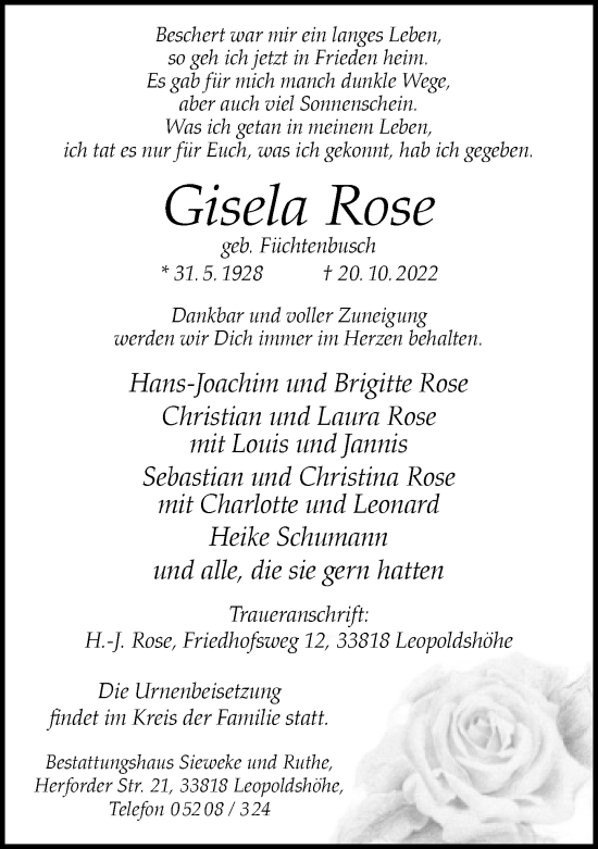 Traueranzeige von Gisela Rose