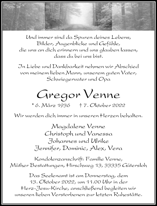 Traueranzeige von Gregor Venne von Neue Westfälische