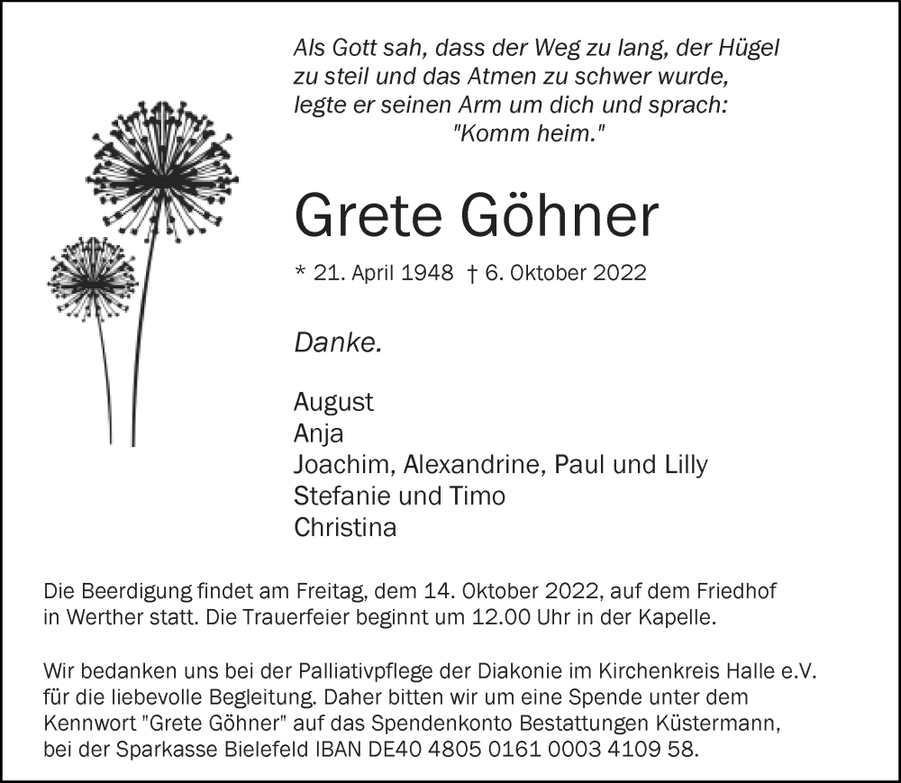  Traueranzeige für Grete Göhner vom 12.10.2022 aus Neue Westfälische