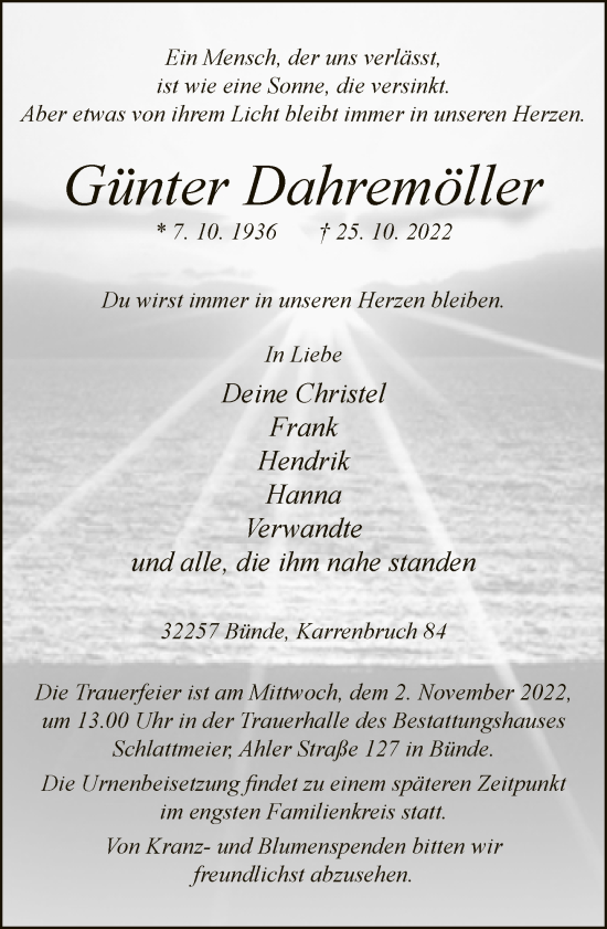 Traueranzeige von Günter Dahremöller von Neue Westfälische