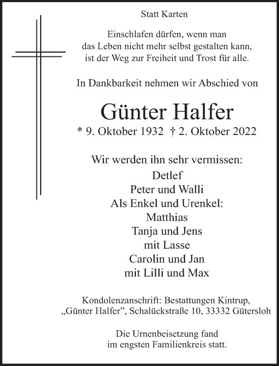 Traueranzeige von Günter Halfer von Neue Westfälische
