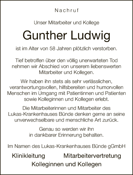 Traueranzeige von Gunther Ludwig von Neue Westfälische