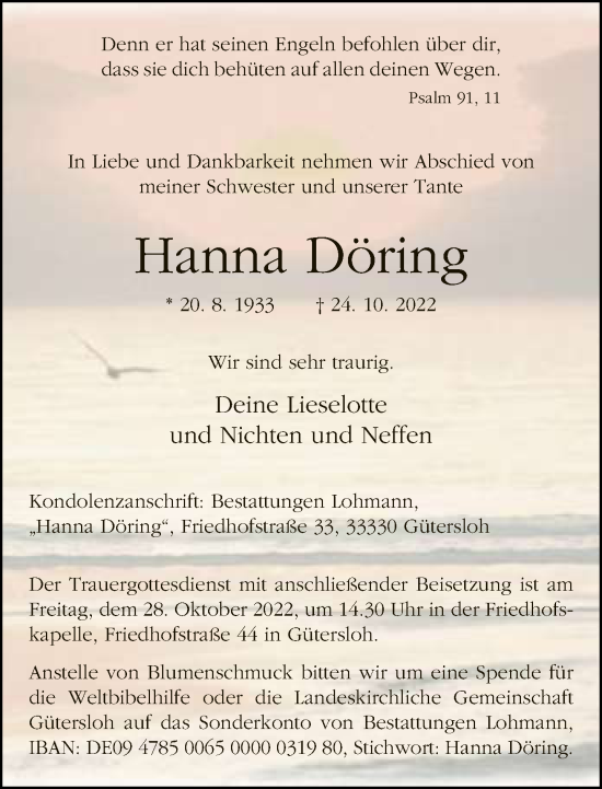 Traueranzeige von Hanna Döring von Neue Westfälische