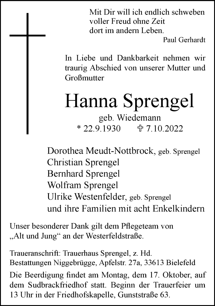  Traueranzeige für Hanna Sprengel vom 12.10.2022 aus Neue Westfälische