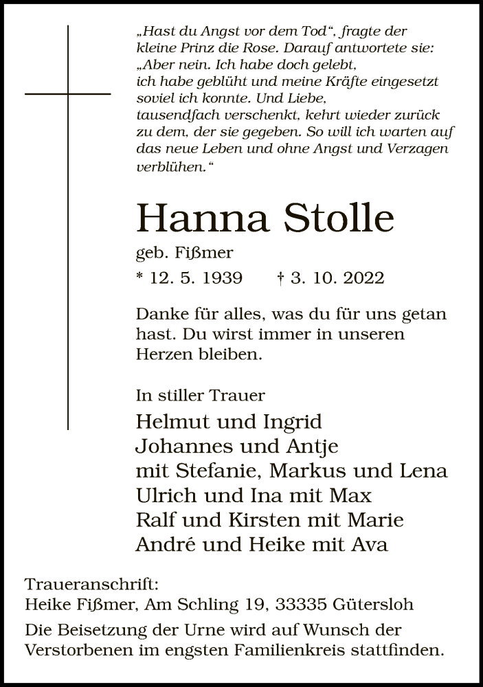  Traueranzeige für Hanna Stolle vom 08.10.2022 aus Neue Westfälische