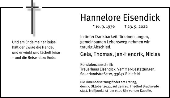 Traueranzeige von Hannelore Eisendick von Neue Westfälische