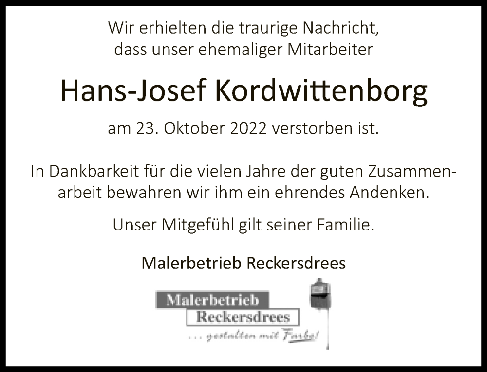  Traueranzeige für Hans-Josef Kordwittenborg vom 29.10.2022 aus Neue Westfälische