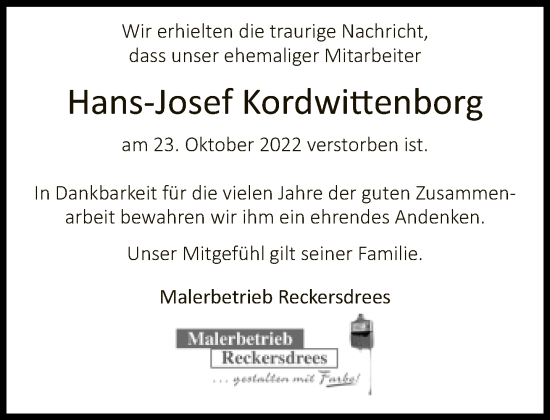 Traueranzeige von Hans-Josef Kordwittenborg von Neue Westfälische