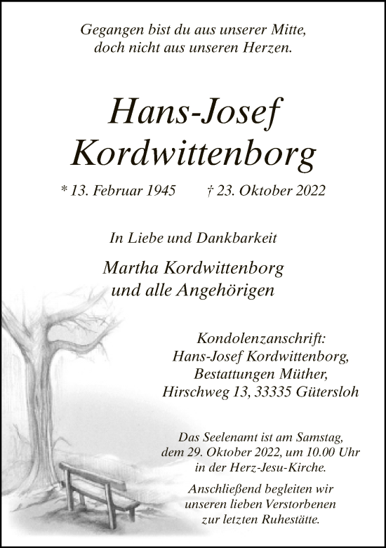 Traueranzeige von Hans-Josef Kordwittenborg von Neue Westfälische