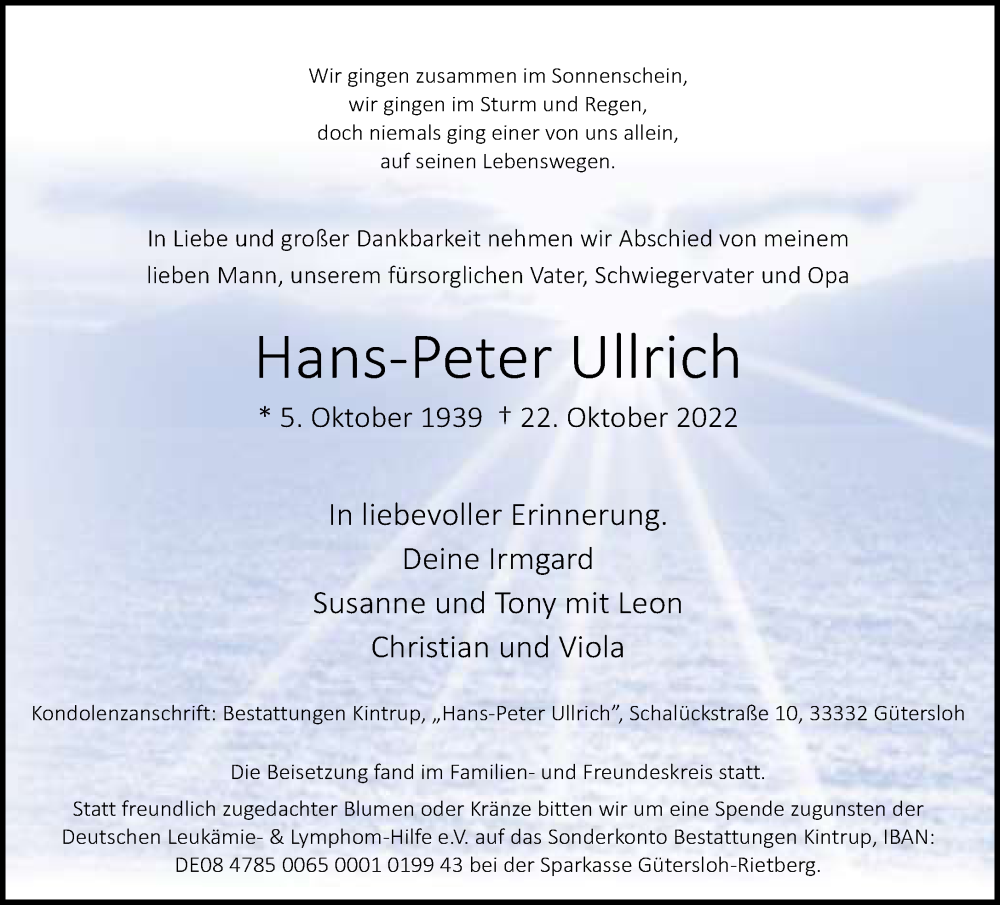  Traueranzeige für Hans-Peter Ullrich vom 29.10.2022 aus Neue Westfälische