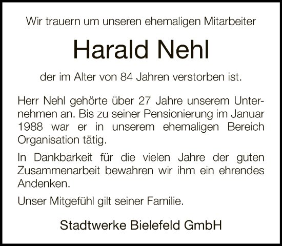 Traueranzeige von Harald Nehl