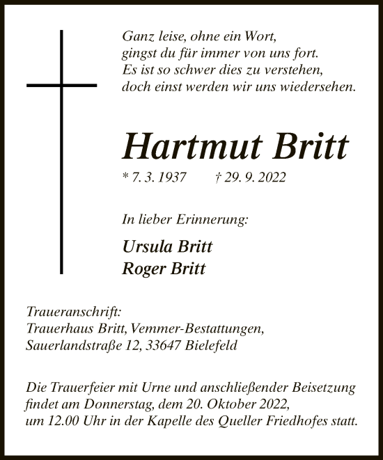 Traueranzeige von Hartmut Britt von Neue Westfälische