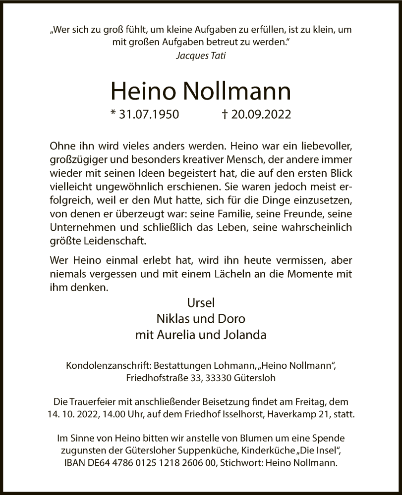  Traueranzeige für Heino Nollmann vom 08.10.2022 aus Neue Westfälische