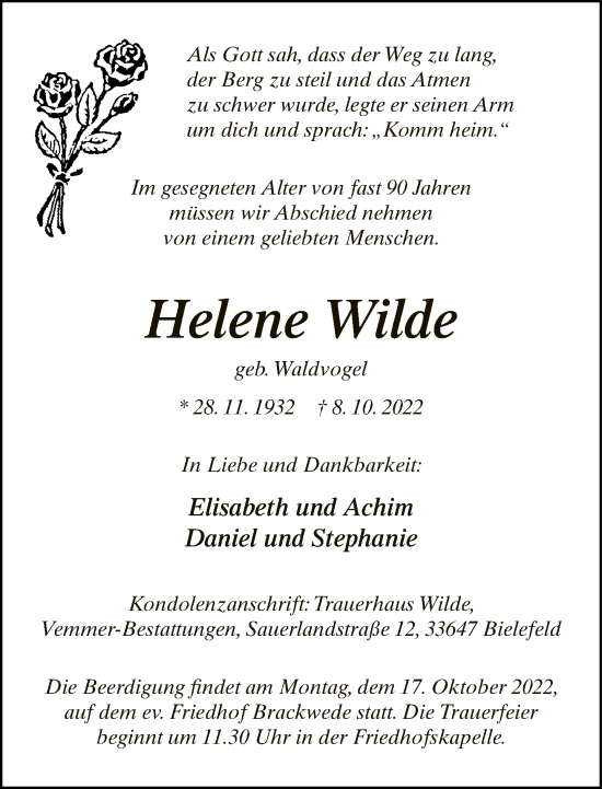 Traueranzeige von Helene Wilde von Neue Westfälische