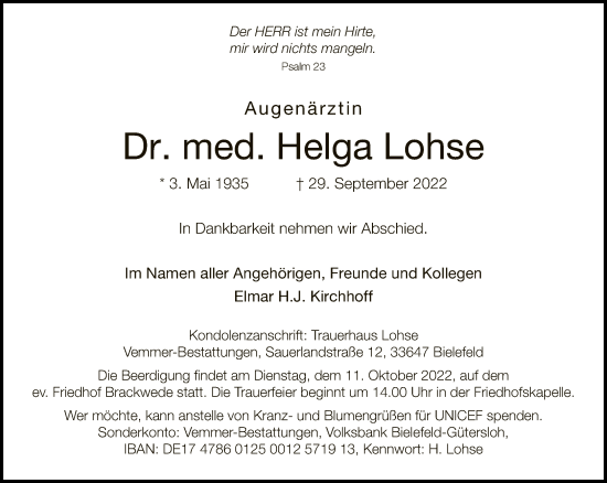 Traueranzeige von Helga Lohse von Neue Westfälische