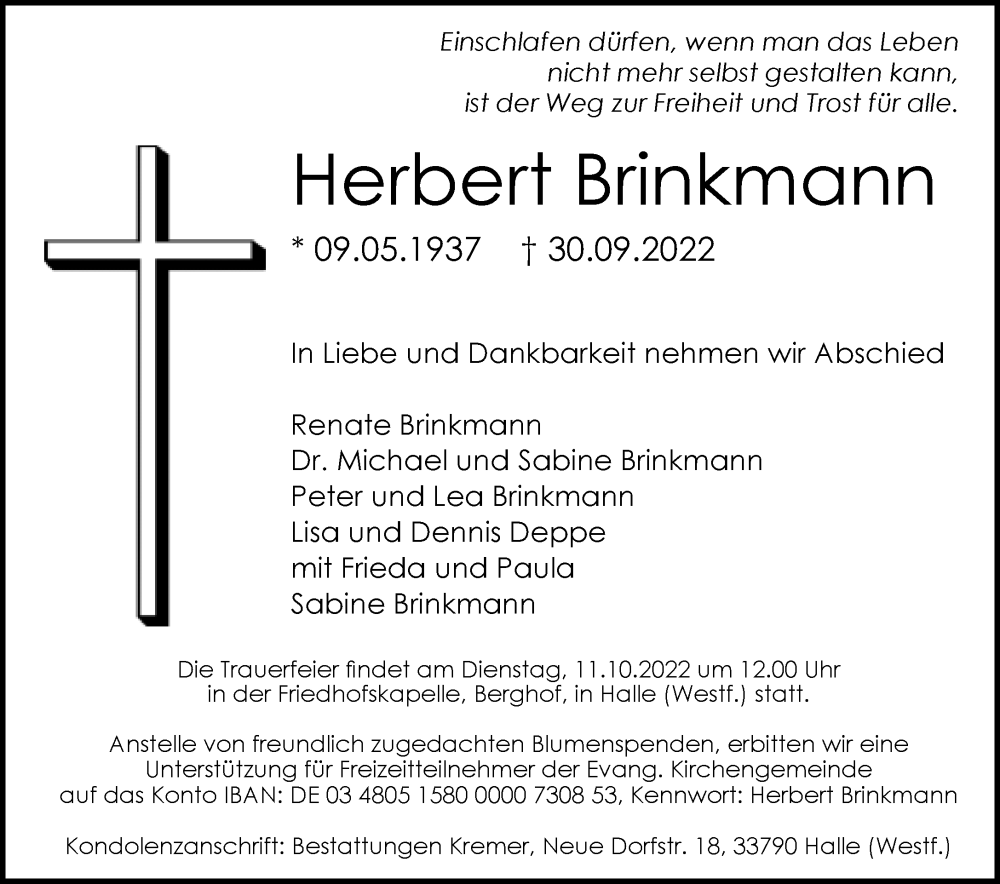  Traueranzeige für Herbert Brinkmann vom 06.10.2022 aus Neue Westfälische