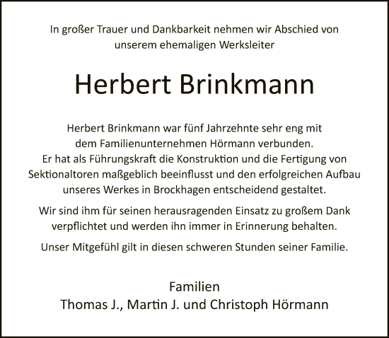 Traueranzeige von Herbert Brinkmann von Neue Westfälische