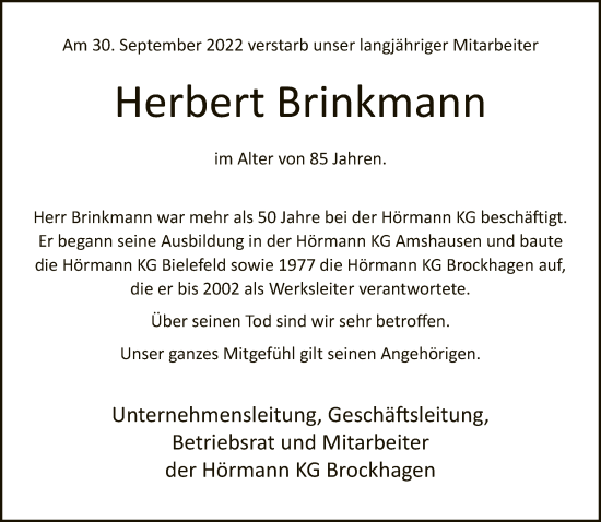 Traueranzeige von Herbert Brinkmann von Neue Westfälische