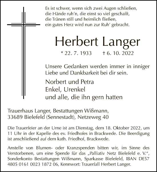 Traueranzeige von Herbert Langer von Neue Westfälische