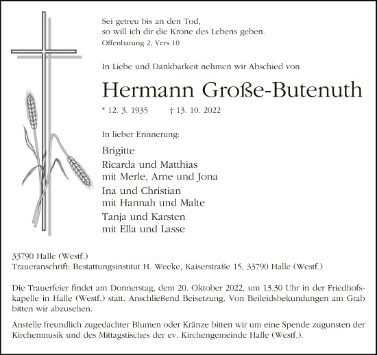 Traueranzeige von Hermann Große-Butenuth von Neue Westfälische