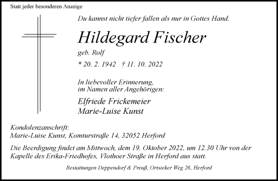 Traueranzeige von Hildegard Fischer von Neue Westfälische