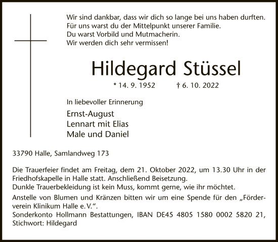 Traueranzeige von Hildegard Stüssel von Neue Westfälische