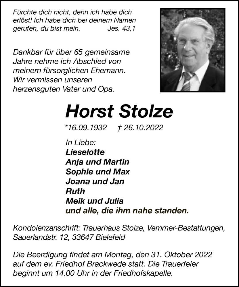  Traueranzeige für Horst Stolze vom 29.10.2022 aus Neue Westfälische