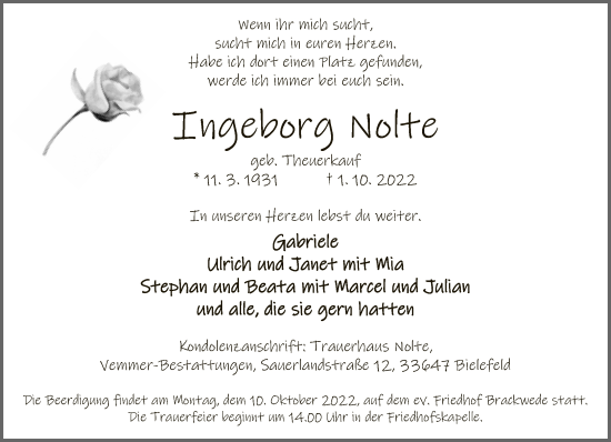 Traueranzeige von Ingeborg Nolte von Neue Westfälische