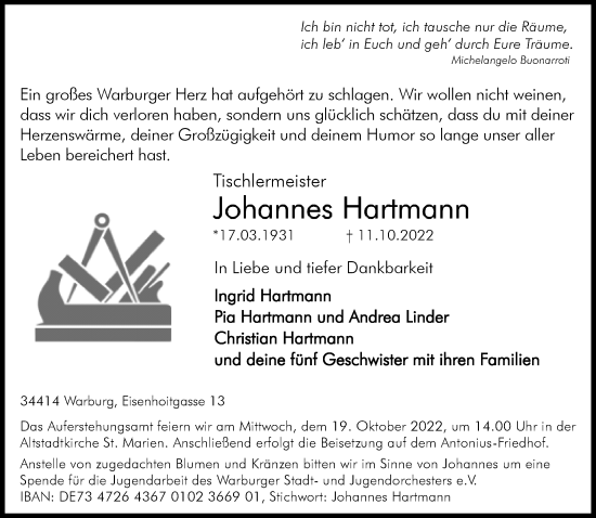 Traueranzeige von Johannes Hartmann von Neue Westfälische