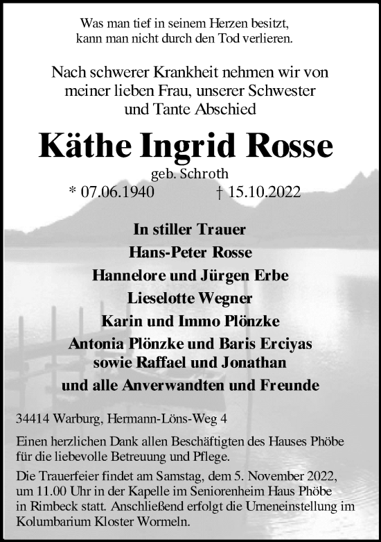 Traueranzeige von Käthe Ingrid Rosse von Neue Westfälische