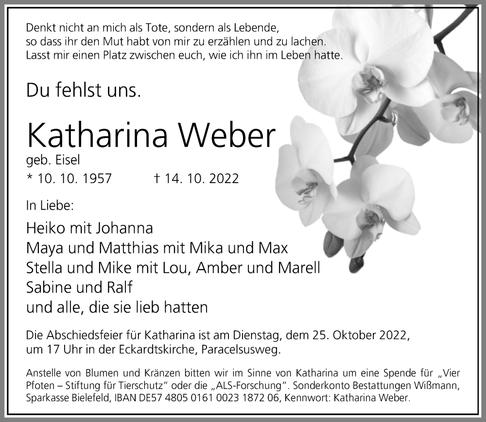  Traueranzeige für Katharina Weber vom 22.10.2022 aus Neue Westfälische