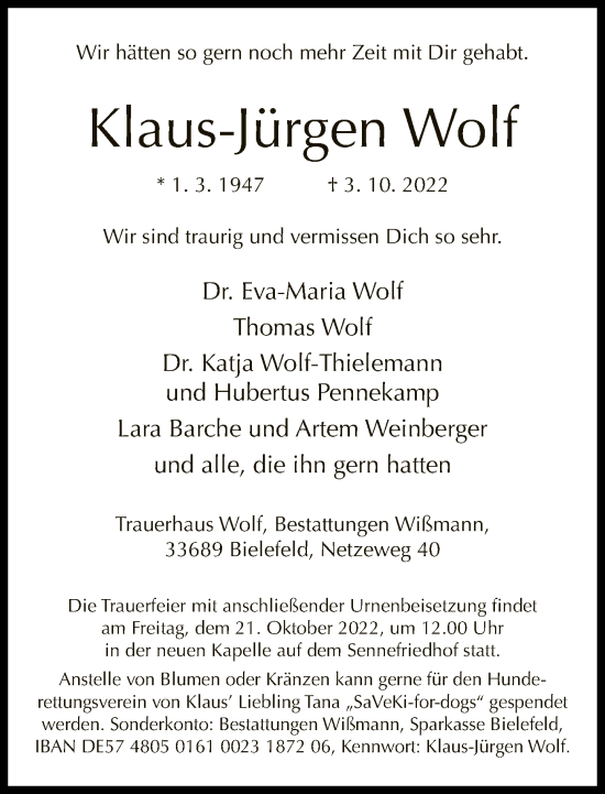 Traueranzeige von Klaus-Jürgen Wolf von Neue Westfälische